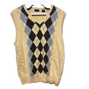 Izod Sweater Vest Mens L Yellow Argyle Preppy Grandpa 100% cotton